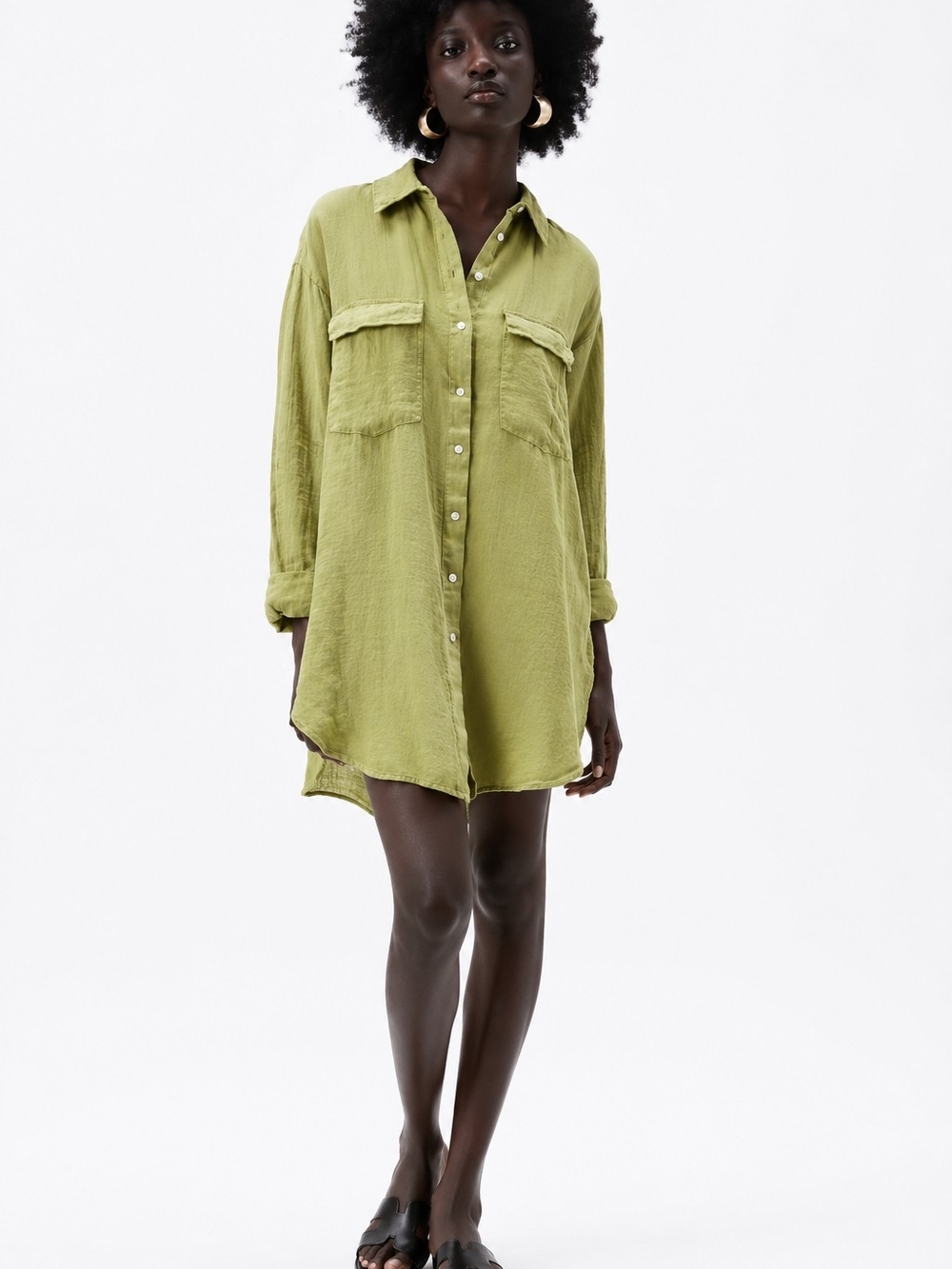 Zara 100% Linen Olive Green Oversized Button Front Shirt Dress XS Utility Mini
